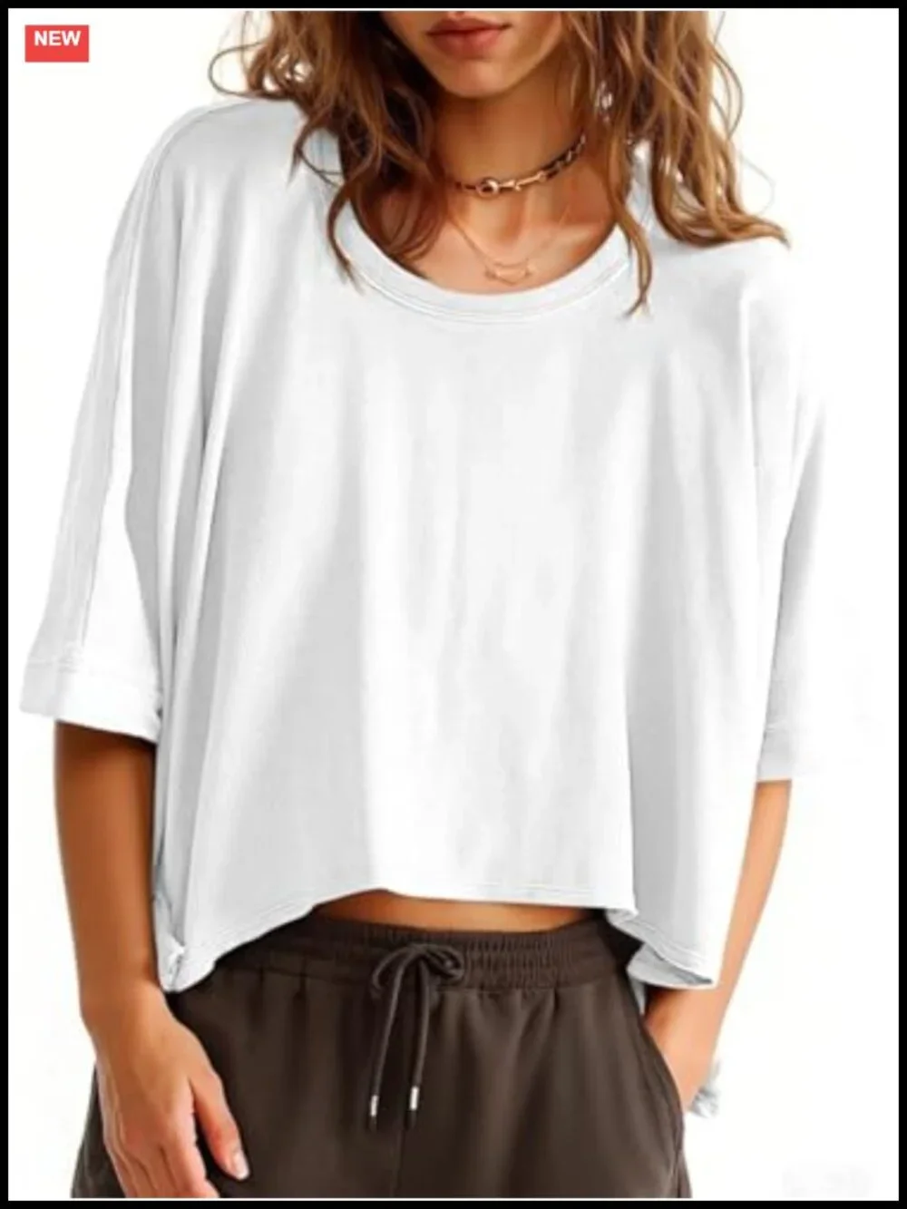 Oversized Cropped T-Shirt Cotton Blend Loose Fit Crew Neck Short Sleeve